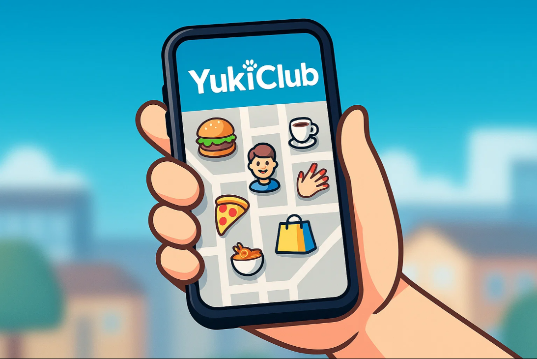 YukiClub app showing local businesses on map